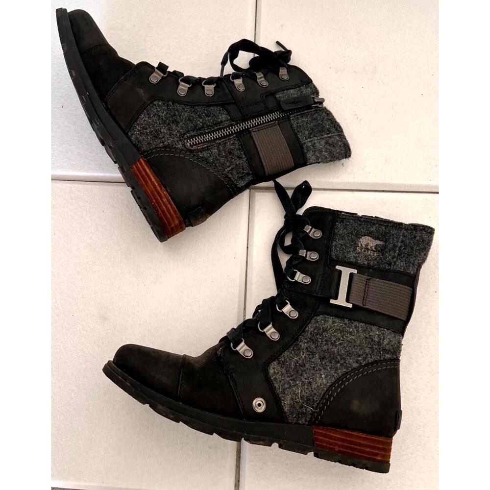 Sorel Major Carly Womens Boot 7 Black Gray Leather Wool Lace Up Boots NL2324-010 - Picture 2 of 13